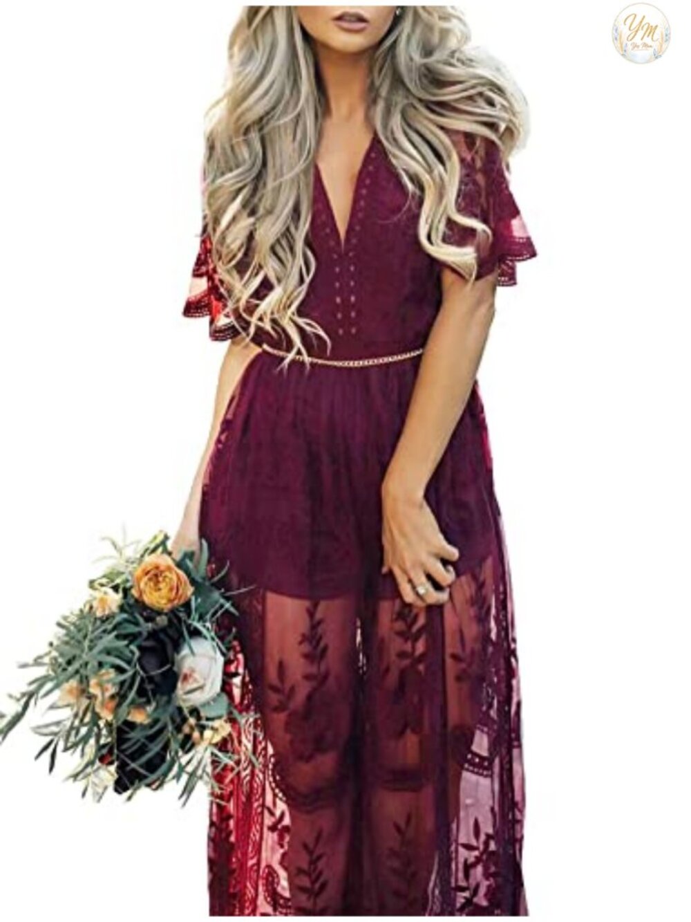 Elegant Lace Romper Dress V-Neck Short Sleeve Maxi Sheer Back High Waist